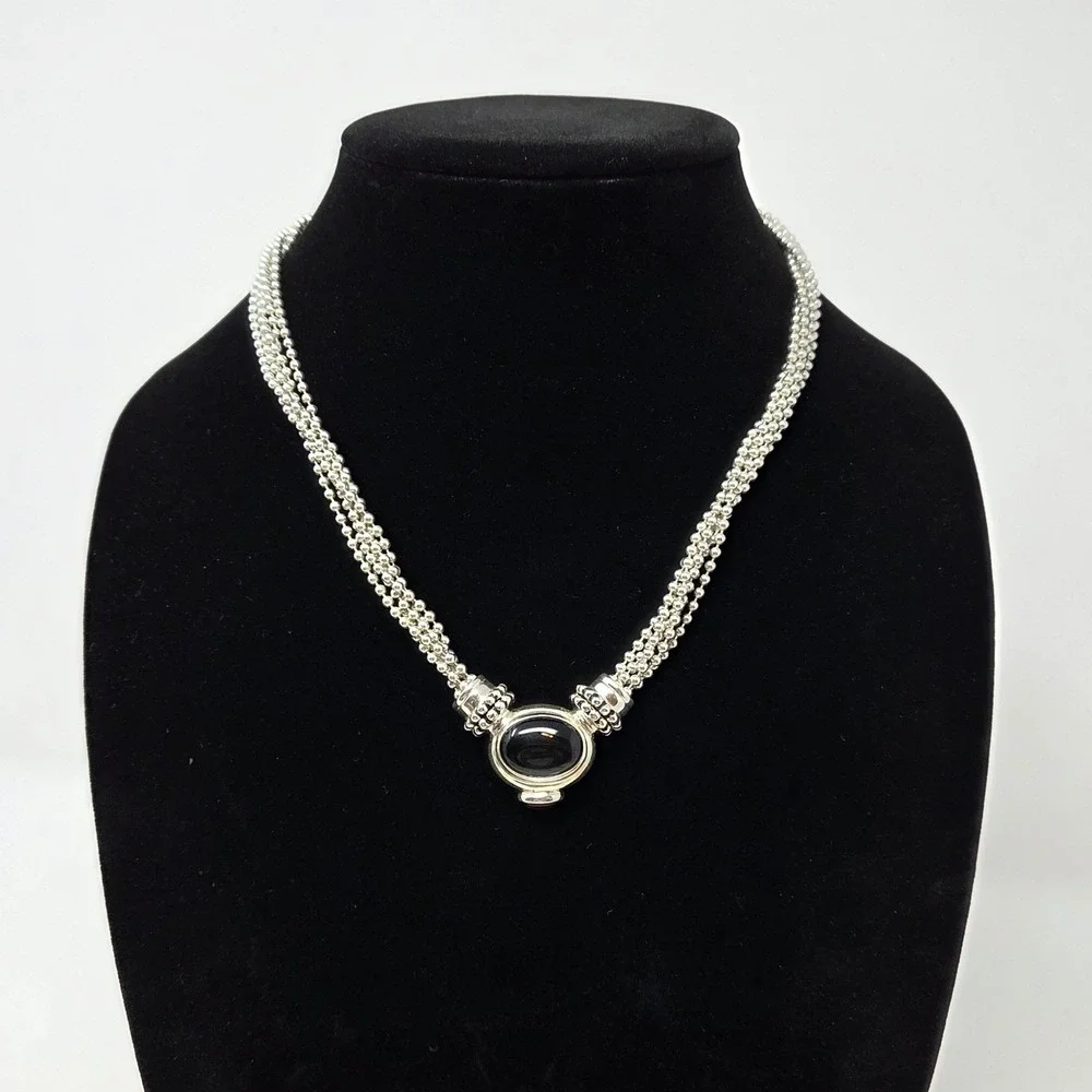 ESPO Sterling Silver 5 Strand Oval Black Onyx Amber Accent Snap Necklace 18